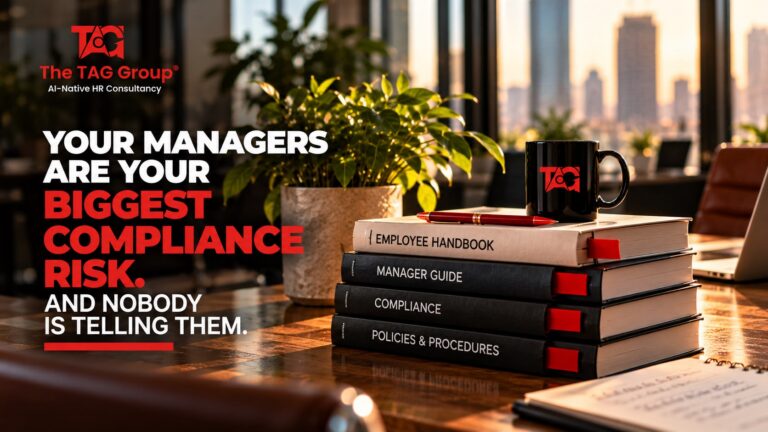 A stack of books labelled Employee Handbook, Manager Guide, Compliance and Policies and Procedures on a desk beside a TAG-branded mug, headlined 'Your managers are your biggest compliance risk. And nobody is telling them.'