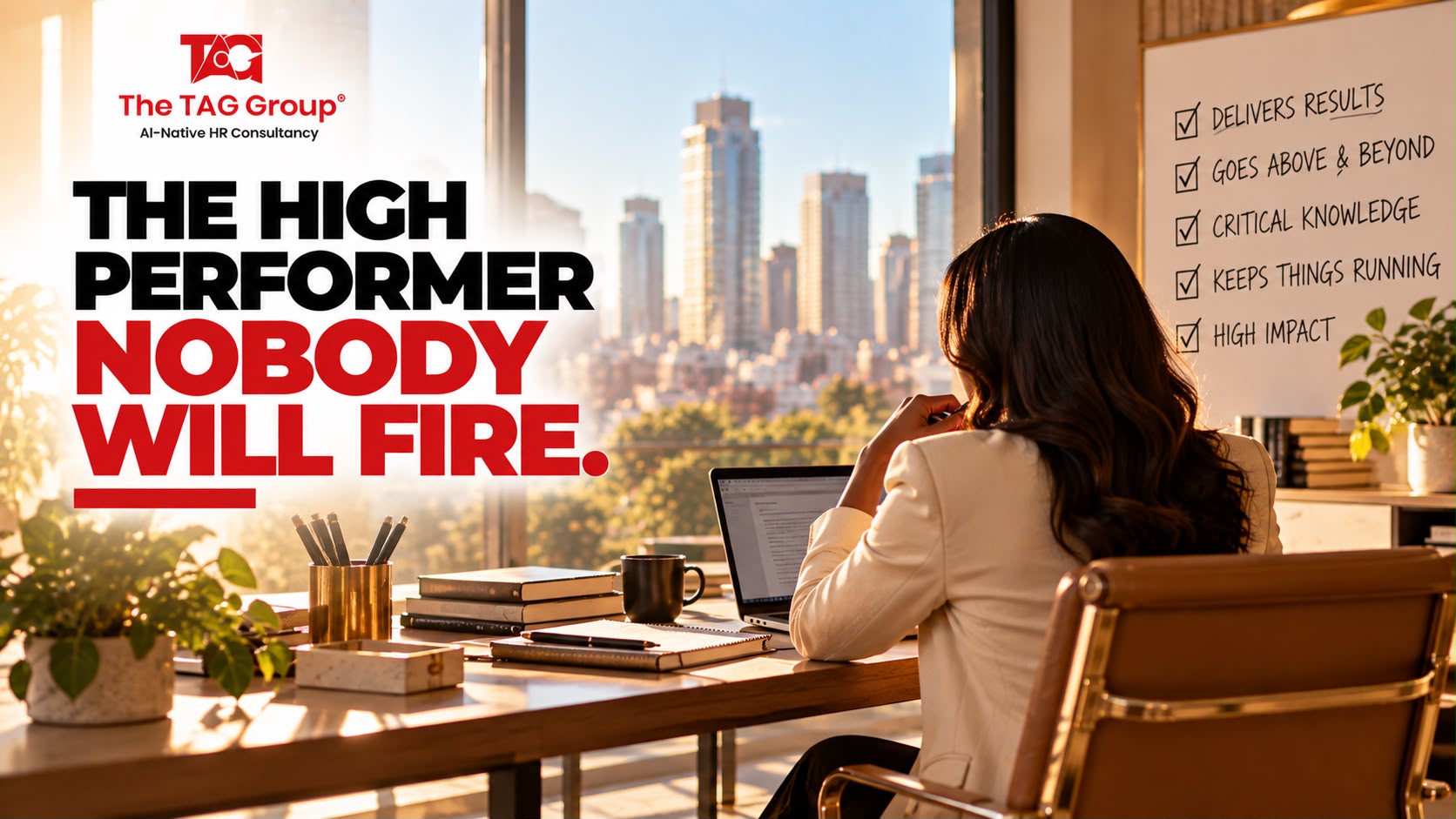 A woman working at a laptop in a sunlit office beside a whiteboard checklist reading delivers results, goes above and beyond, critical knowledge, keeps things running, high impact, headlined 'The high performer nobody will fire.'