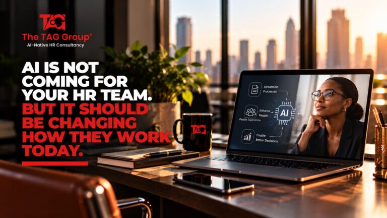 A laptop on a desk showing an AI diagram linking streamlined processes, people experience and better decisions, headlined 'AI is not coming for your HR team. But it should be changing how they work today.'