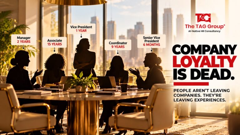 Silhouetted colleagues around a boardroom table, each labelled with their tenure from six months to fifteen years, headlined 'Company loyalty is dead. People aren't leaving companies. They're leaving experiences.'