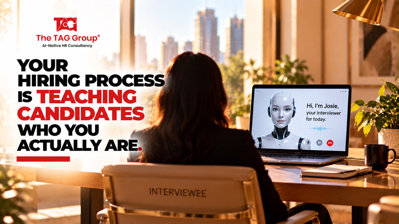 A candidate seated at a desk in a sunlit office facing a laptop where an AI avatar introduces itself as the interviewer, the chair back labelled interviewee, headlined 'Your hiring process is teaching candidates who you actually are.'