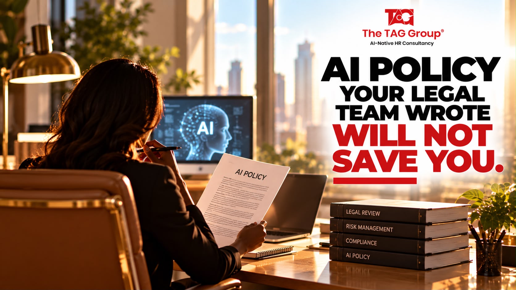 A woman reading a printed AI policy document at a desk beside books labelled legal review, risk management, compliance and AI policy, headlined 'AI policy your legal team wrote will not save you.'