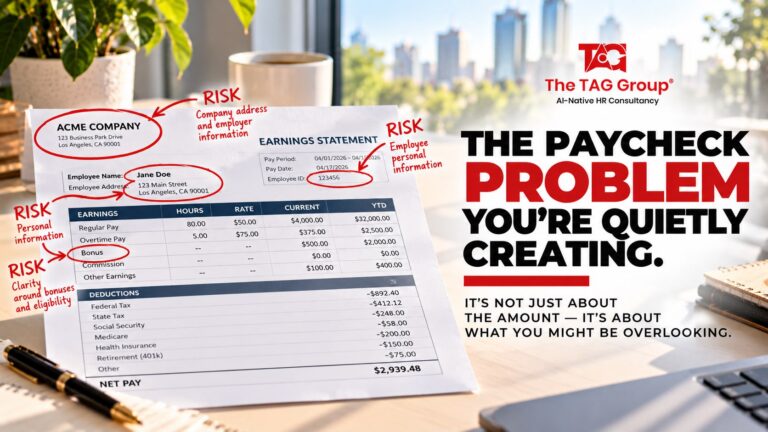 An earnings statement annotated in red marking risks around employer information, personal data and bonus eligibility, headlined 'The paycheck problem you're quietly creating.'