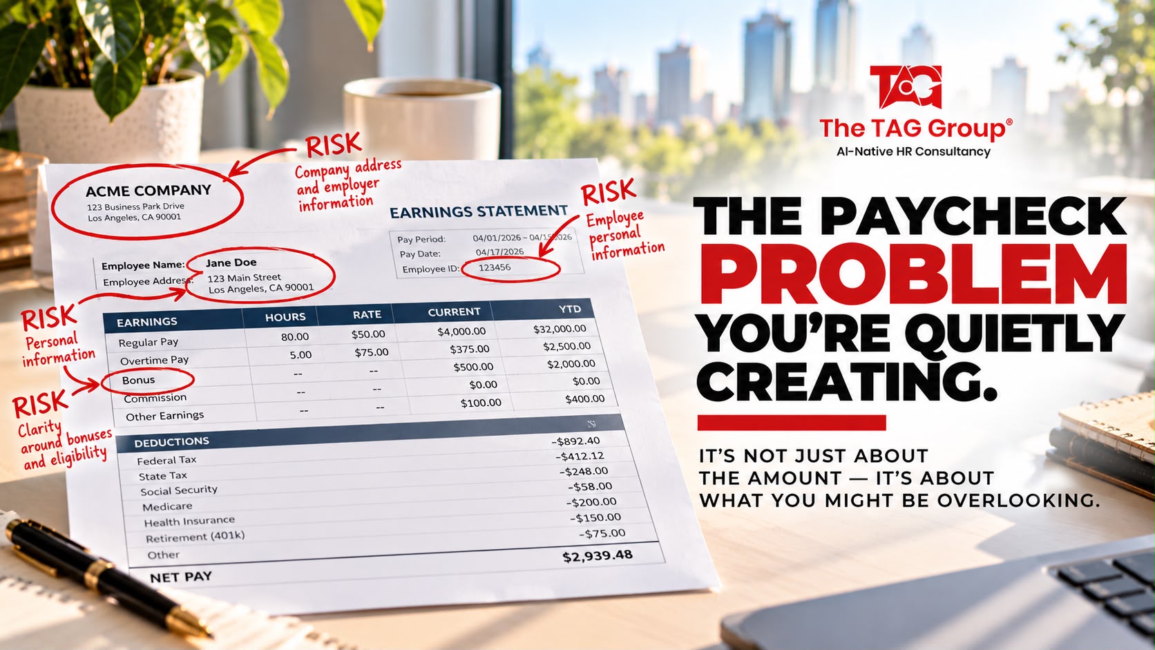 An earnings statement annotated in red marking risks around employer information, personal data and bonus eligibility, headlined 'The paycheck problem you're quietly creating.'