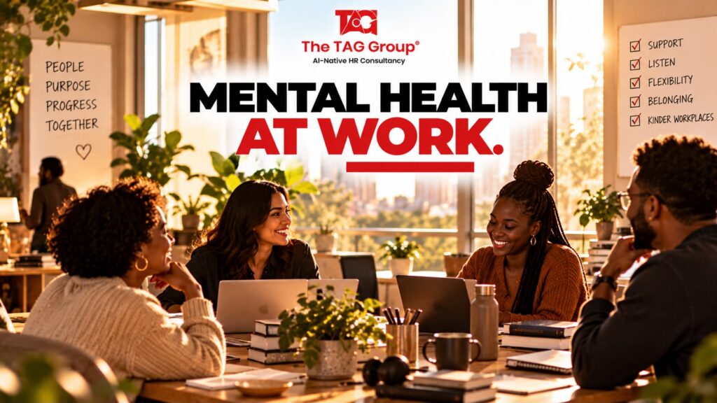 Four colleagues talking around a sunlit table with laptops and plants, a wall listing people, purpose, progress, together and a checklist of support, listen, flexibility, belonging and kinder workplaces, headlined 'Mental health at work.'
