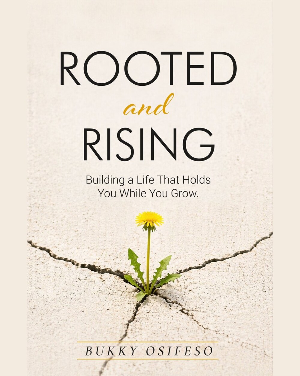 Cover of Rooted and Rising by Bukky Osifeso, showing a dandelion growing through a crack in concrete.