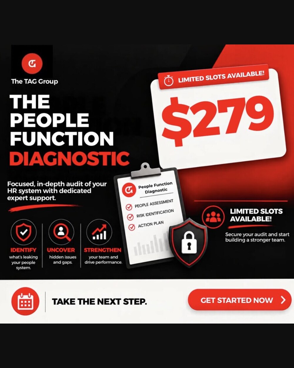 Promotional graphic for The People Function Diagnostic, $279, showing a clipboard checklist of people assessment, risk identification and action plan.
