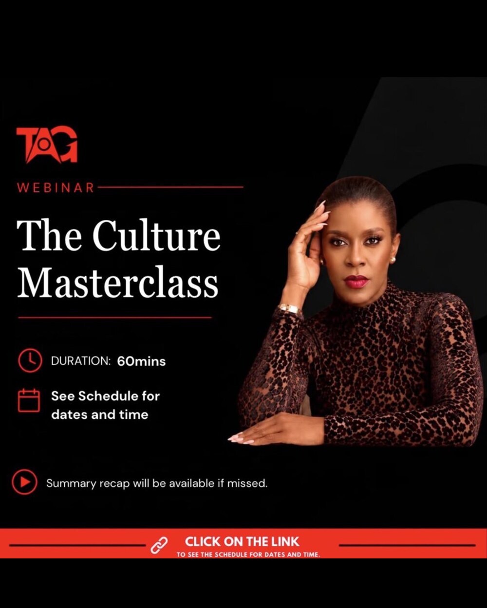 Promotional graphic for The Culture Masterclass webinar with Bukky Osifeso, a 60-minute session.